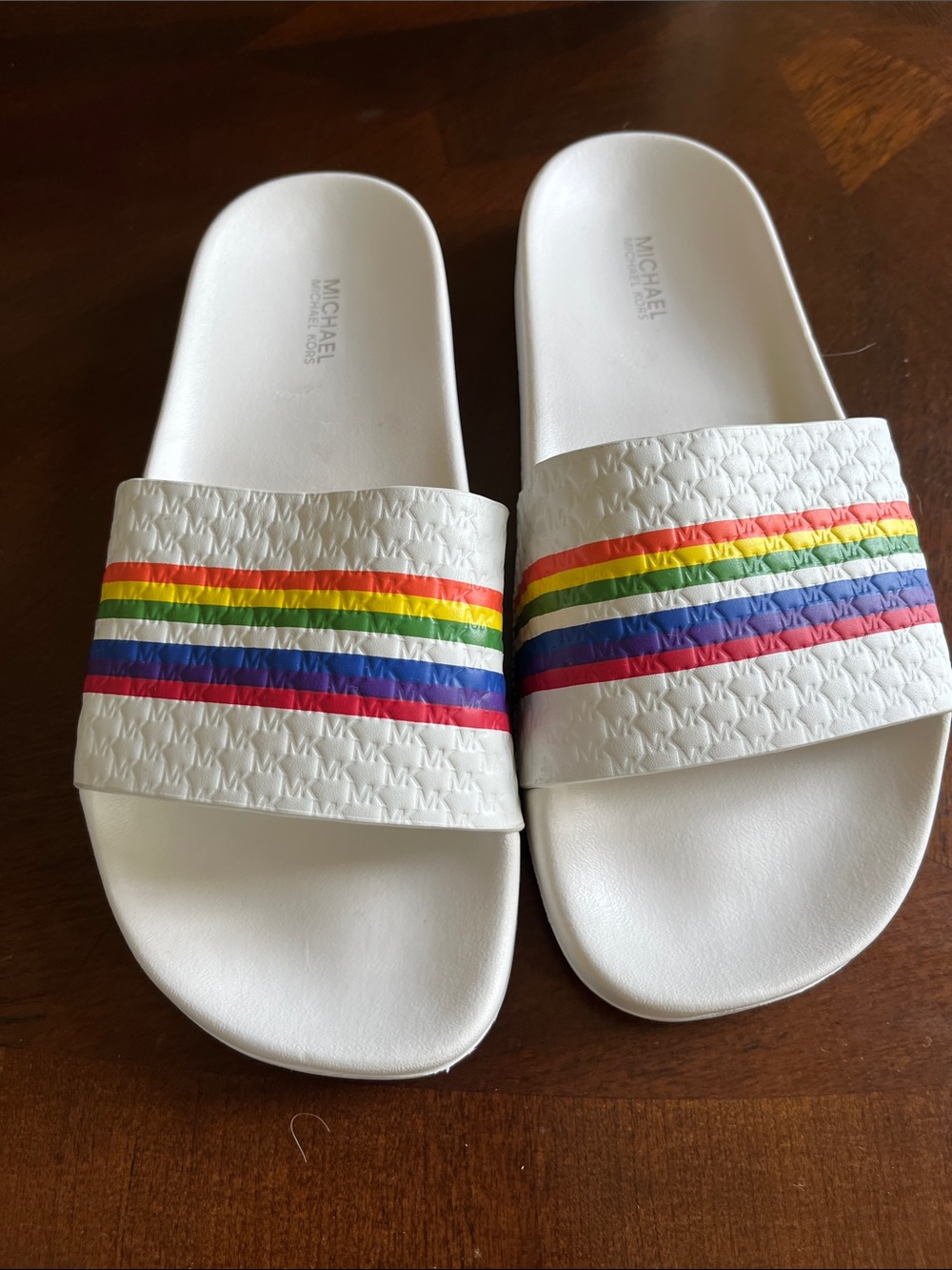 Michael Kors White Slide Sandals with Rainbow Stripe
